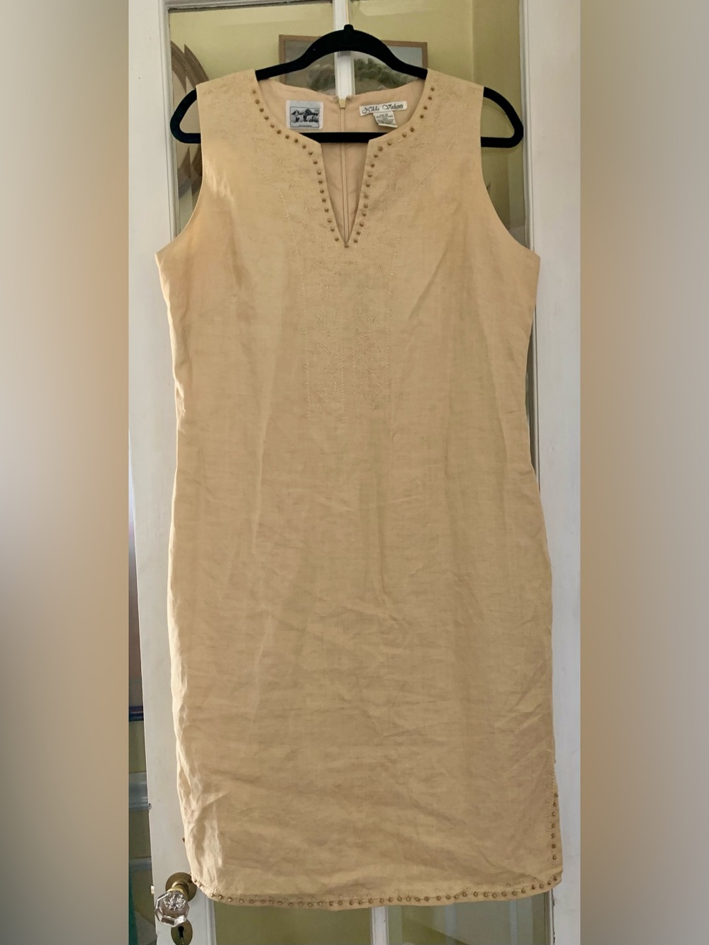 Nikki Valenti Irish Linen Beige Sleeveless Shift Dress Coastal Grandmother Read~